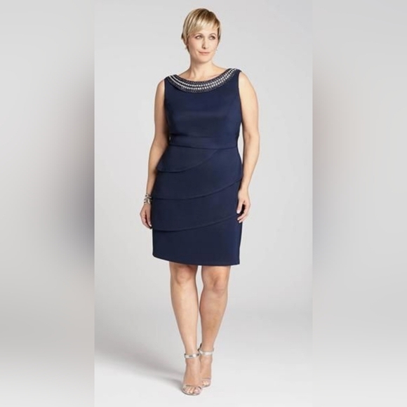 Connected Apparel Women's Beaded Neck Tiered Dress Navy Blue Sleveless Petite 4P - Picture 1 of 16